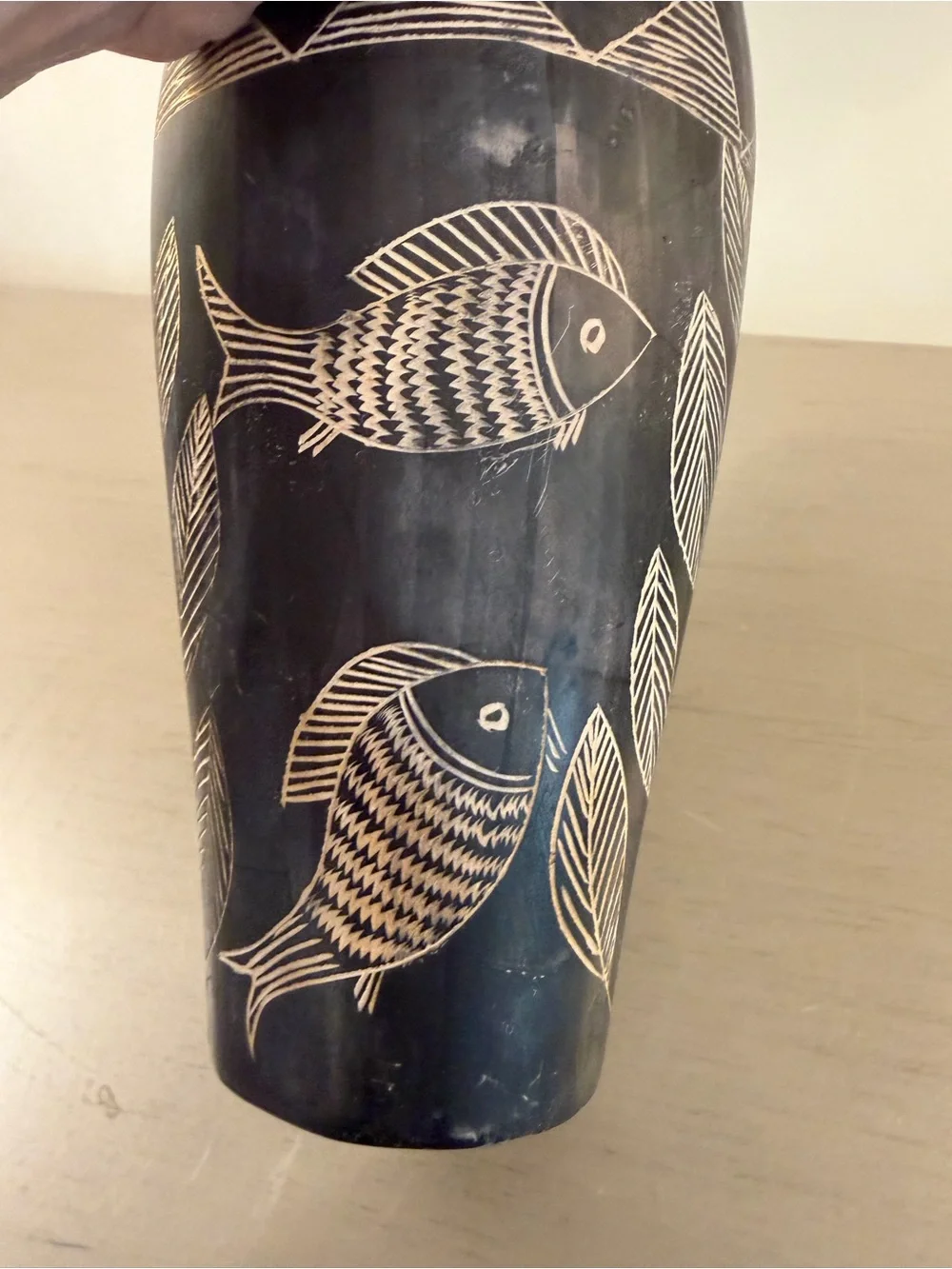 Hand Carved African Soapstone Vase Fish Plants Black White 8” Vessel